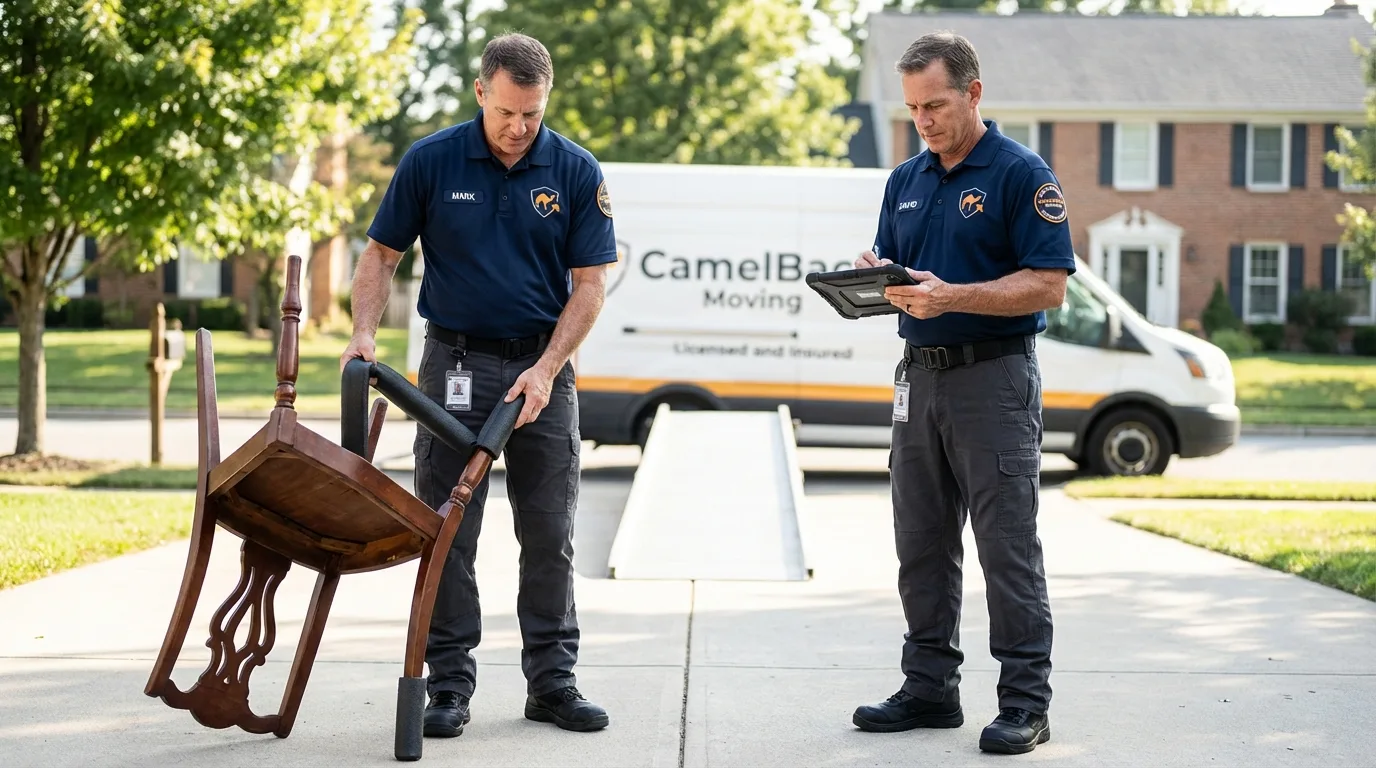 Movers inspecting furniture for damage prevention before loading in Stroud, OK